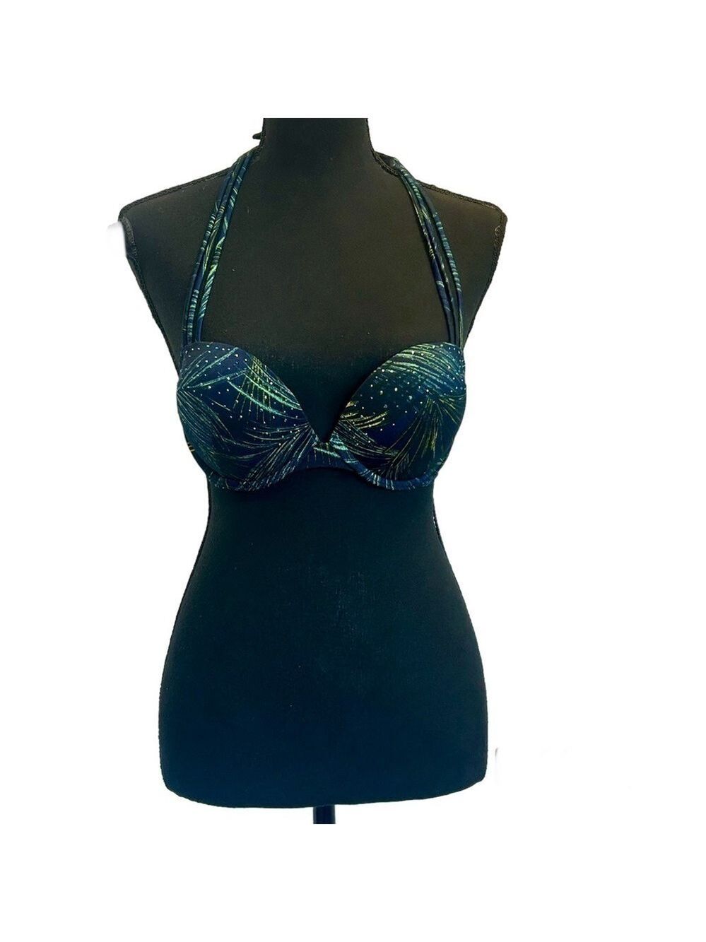 Victoria’s Secret navy blue green tropical leaf print rhinestone bikini top